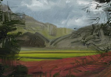 Renkli yeşil kırsal alan ve çim. Yaz zamanı. 2d illüstrasyon. Yağlıboya manzara sanatı. Kırsal dağlık bölge.