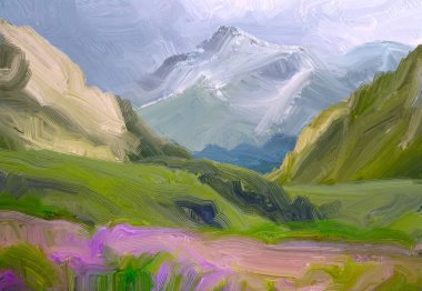 2d illüstrasyon. Yağlıboya manzara sanatı. Kırsal dağlık bölge. Renkli yeşil alan ve çimen. Yaz zamanı. Kırsal.