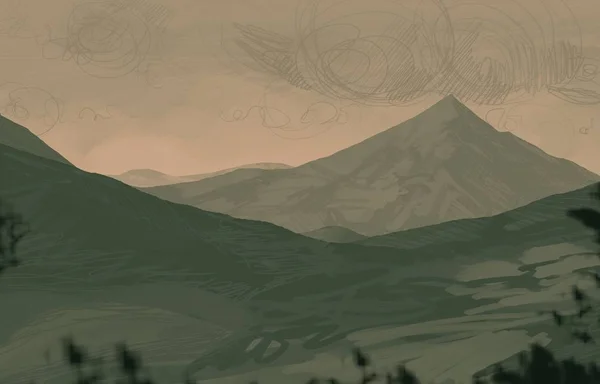 2d illustration. Wild mountains. Digital art. Handmade digital painting.