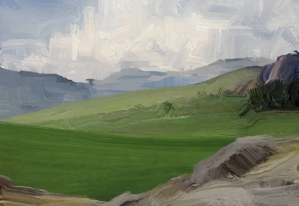 Colorato Campo Campagna Verde Erba Ora Legale Illustrazione Pittura Olio — Foto Stock