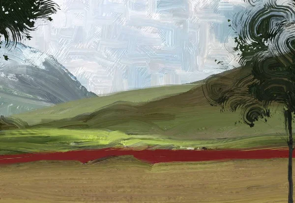 Farbenfrohe Grüne Landschaft Feld Und Gras Sommerzeit Abbildung Ölgemälde Landschaftskunst — Stockfoto