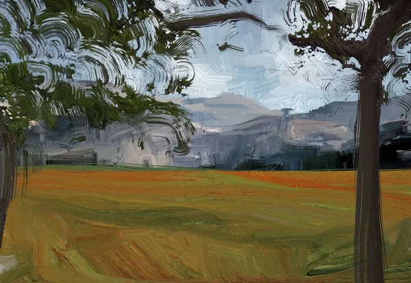 Colorato Campo Campagna Verde Erba Ora Legale Illustrazione Pittura Olio — Foto Stock