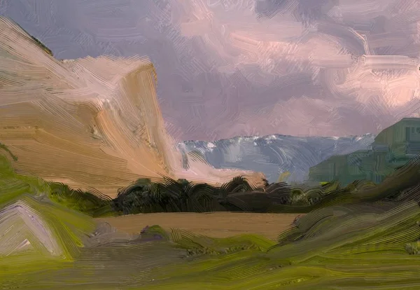 Ilustração Pintura Óleo Arte Paisagem Região Montanhosa Rural Campo Verde — Fotografia de Stock