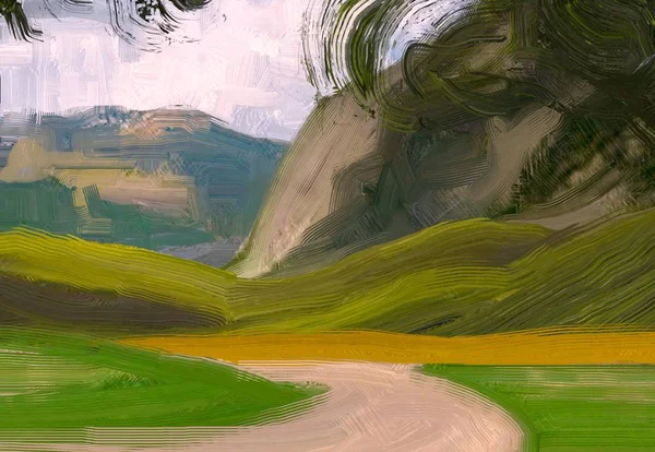 Ilustração Pintura Óleo Arte Paisagem Região Montanhosa Rural Campo Verde — Fotografia de Stock