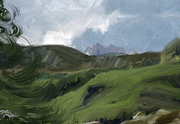 Colorato Campo Campagna Verde Erba Ora Legale Illustrazione Pittura Olio — Foto Stock