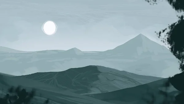 2d illustration. Mountains Scotland. Digital painting art. Hand made drawing.