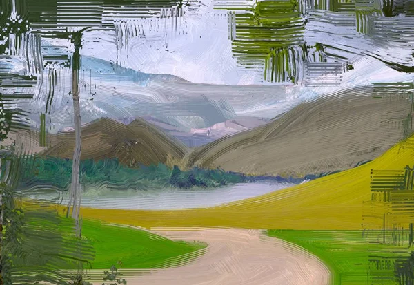 Ilustração Pintura Óleo Arte Paisagem Região Montanhosa Rural Campo Verde — Fotografia de Stock