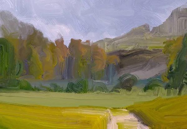 Illustration Oil Painting Landscape Art Rural Mountain Region Colorful Green — Stock Photo, Image