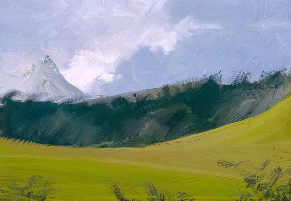 Illustrazione Pittura Olio Arte Paesaggistica Regione Rurale Montagna Campo Verde — Foto Stock