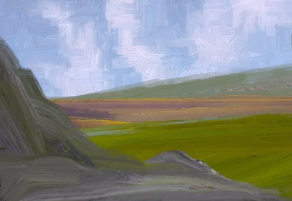 Illustratie Olieverfschilderij Landschapskunst Landelijk Berggebied Kleurrijke Groene Platteland Veld Gras — Stockfoto
