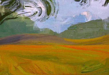 2d illüstrasyon. Yağlıboya manzara sanatı. Kırsal dağlık bölge. Renkli yeşil alan ve çimen. Yaz zamanı. Kırsal.