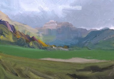 2d illüstrasyon. Yağlıboya manzara sanatı. Kırsal dağlık bölge. Renkli yeşil kırsal alan ve çim. Yaz saati.