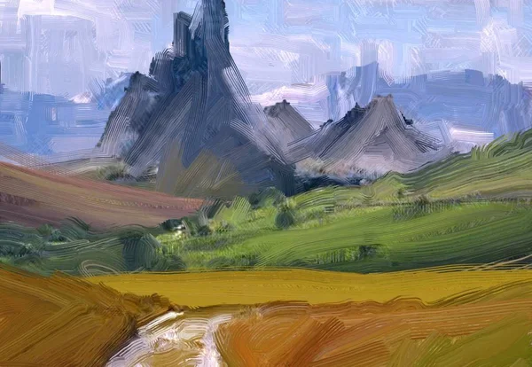 2d illustration. Oil painting landscape art. Rural mountain region. Colorful green field and grass. Summer time. Countryside.