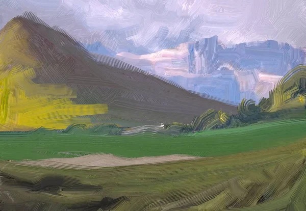 Illustrazione Pittura Olio Arte Paesaggistica Regione Rurale Montagna Campo Verde — Foto Stock