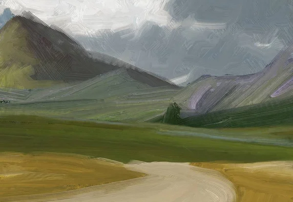 Colorato Campo Campagna Verde Erba Ora Legale Illustrazione Pittura Olio — Foto Stock