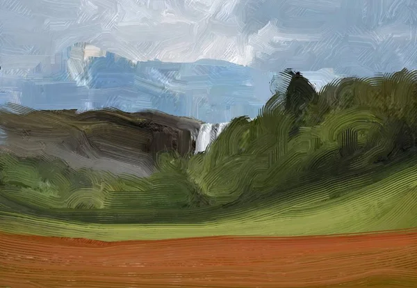 Colorato Campo Campagna Verde Erba Ora Legale Illustrazione Pittura Olio — Foto Stock