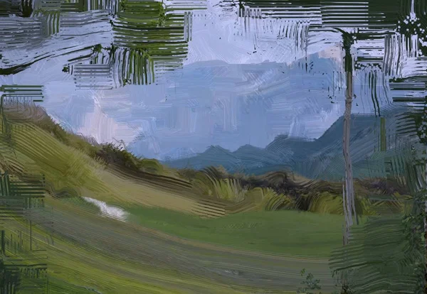 Иллюстрация Живопись Маслом Сельская Горная Область Цветные Зеленое Поле Трава — стоковое фото