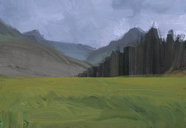 Ilustração Pintura Óleo Arte Paisagem Região Montanhosa Rural Campo Verde — Fotografia de Stock