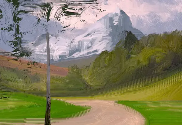 Illustrazione Pittura Olio Arte Paesaggistica Regione Rurale Montagna Campo Verde — Foto Stock