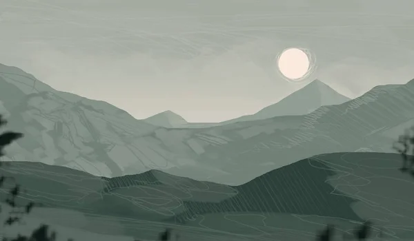 2d illustration. Wild mountains. Digital art. Handmade digital painting.