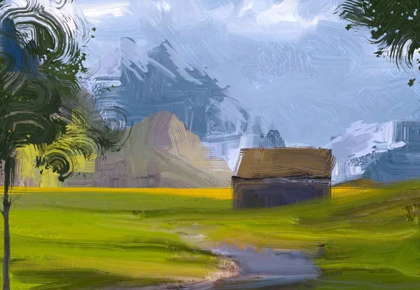 Ilustración Pintura Óleo Arte Paisajístico Región Montañosa Rural Campo Verde — Foto de Stock