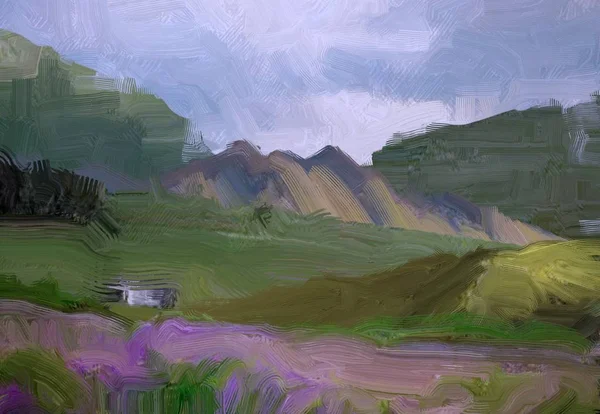 Illustration Oil Painting Landscape Art Rural Mountain Region Colorful Green — Stock Photo, Image