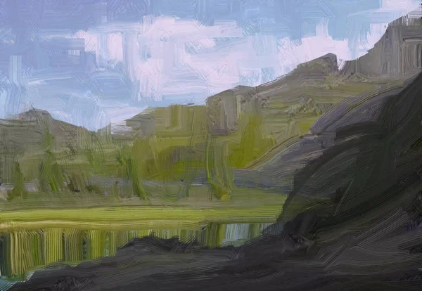 Ілюстрація Олійний Живопис Ландшафтне Мистецтво Сільський Гірський Регіон Барвисте Зелене — стокове фото