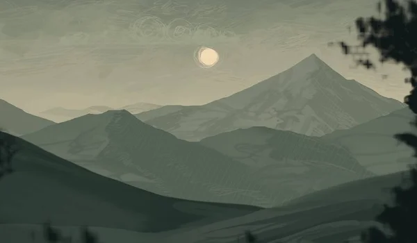 2d illustration. Wild mountains. Digital art. Handmade digital painting.