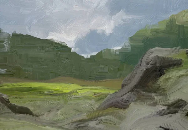 Colorato Campo Campagna Verde Erba Ora Legale Illustrazione Pittura Olio — Foto Stock