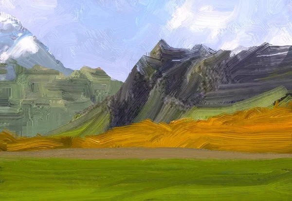 Illustrazione Pittura Olio Arte Paesaggistica Regione Rurale Montagna Campo Verde — Foto Stock