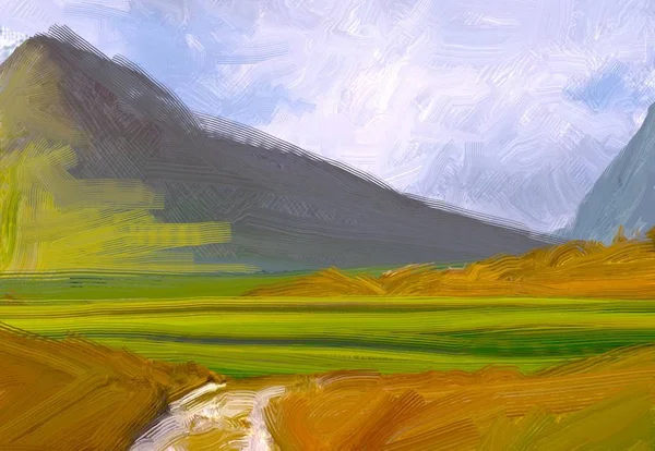 Ilustração Pintura Óleo Arte Paisagem Região Montanhosa Rural Campo Verde — Fotografia de Stock