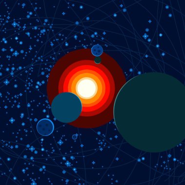 2D çizim. Çizgi film arkaplan resmi. Derin geniş uzay. Yıldızlar, gezegenler ve uydular. Çeşitli bilim kurgu yaratıcı arka planlar. Uzay sanatı. Yabancı güneş sistemleri. Gezegenler ve uydular..
