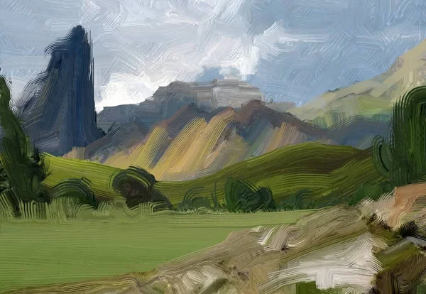 Colorato Campo Campagna Verde Erba Ora Legale Illustrazione Pittura Olio — Foto Stock