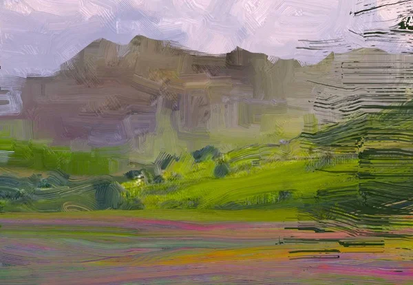 2d illustration. Oil painting landscape art. Rural mountain region. Colorful green countryside field and grass. Summer time.