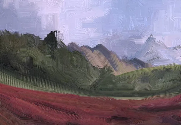 Ilustração Pintura Óleo Arte Paisagem Região Montanhosa Rural Campo Verde — Fotografia de Stock