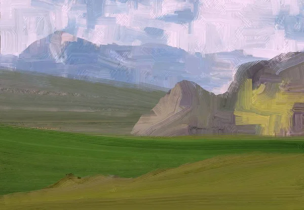 Illustrazione Pittura Olio Arte Paesaggistica Regione Rurale Montagna Campo Verde — Foto Stock