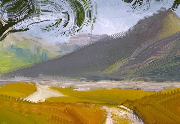 Illustration Oil Painting Landscape Art Rural Mountain Region Colorful Green — Stock Photo, Image