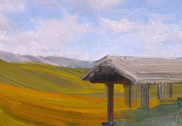 Ilustración Pintura Óleo Arte Paisajístico Región Montañosa Rural Campo Verde —  Fotos de Stock