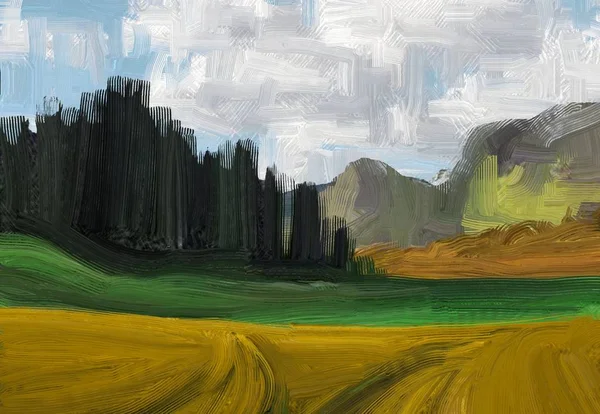 Colorato Campo Campagna Verde Erba Ora Legale Illustrazione Pittura Olio — Foto Stock