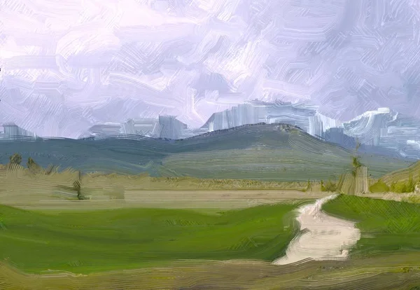 Ilustrație Pictura Ulei Peisaj Artă Regiunea Montană Rurală Câmp Verde — Fotografie, imagine de stoc