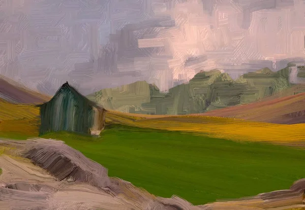 Ilustração Pintura Óleo Arte Paisagem Região Montanhosa Rural Campo Verde — Fotografia de Stock