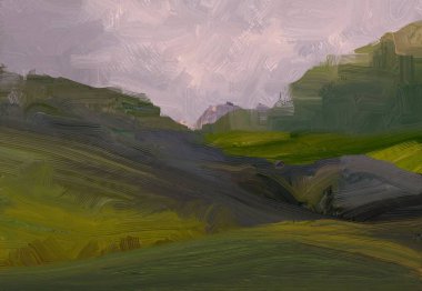 2d illüstrasyon. Yağlıboya manzara sanatı. Kırsal dağlık bölge. Renkli yeşil alan ve çimen. Yaz zamanı. Kırsal.