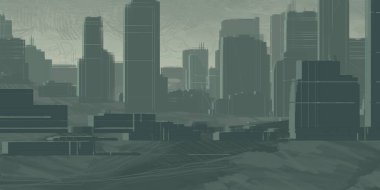 2d illüstrasyon. Gökdelen şehir metropol. Dijital sanat. El yapımı dijital boyama.