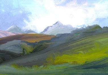 2d illüstrasyon. Yağlıboya manzara sanatı. Kırsal dağlık bölge. Renkli yeşil alan ve çimen. Yaz zamanı. Kırsal.