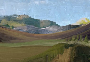 Renkli yeşil kırsal alan ve çim. Yaz zamanı. 2d illüstrasyon. Yağlıboya manzara sanatı. Kırsal dağlık bölge.