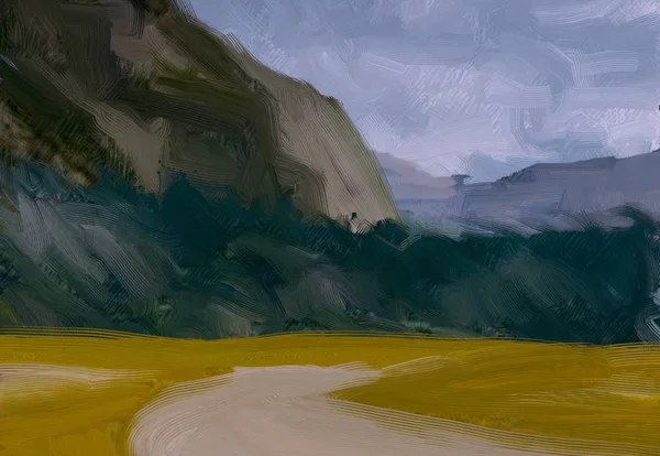 Ілюстрація Олійний Живопис Ландшафтне Мистецтво Сільський Гірський Регіон Різнокольорове Зелене — стокове фото