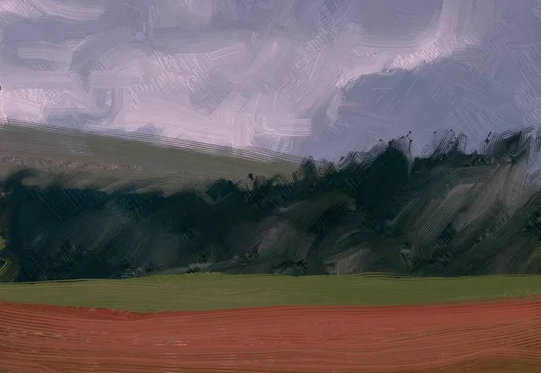 Ilustração Pintura Óleo Arte Paisagem Região Montanhosa Rural Campo Verde — Fotografia de Stock