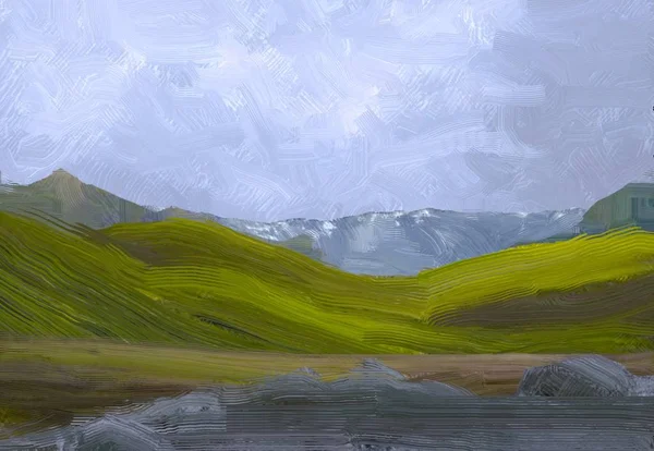 Illustrazione Pittura Olio Arte Paesaggistica Regione Rurale Montagna Campo Verde — Foto Stock