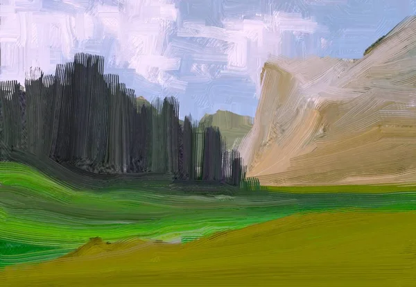 Illustrazione Pittura Olio Arte Paesaggistica Regione Rurale Montagna Campo Verde — Foto Stock