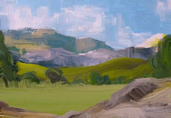 Ilustração Pintura Óleo Arte Paisagem Região Montanhosa Rural Campo Rural — Fotografia de Stock